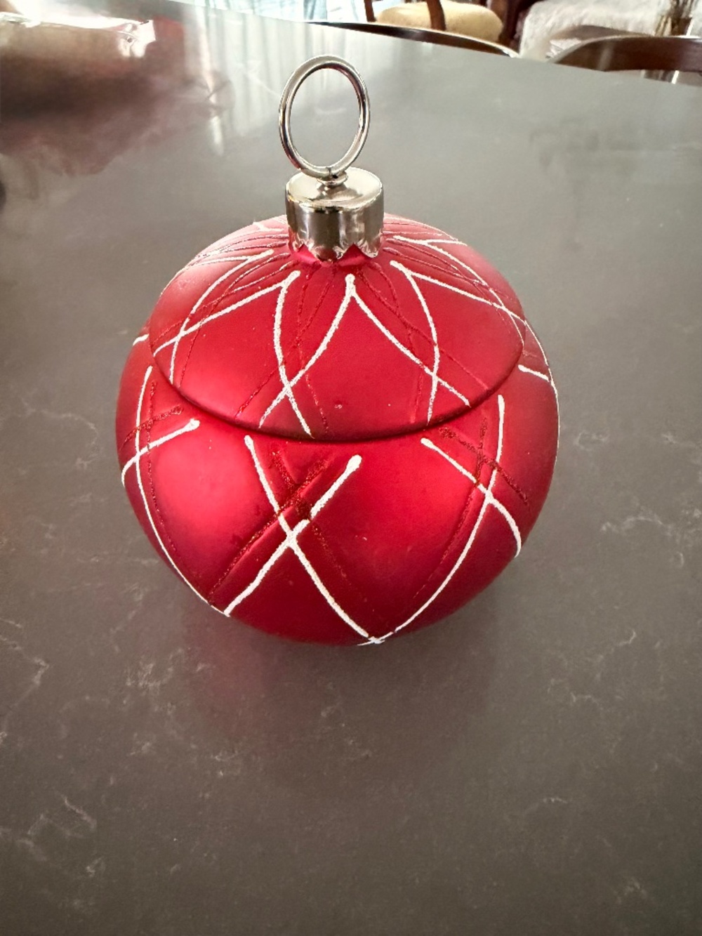 Red Christmas Ornament Candy Dish with Silver Ring Lid